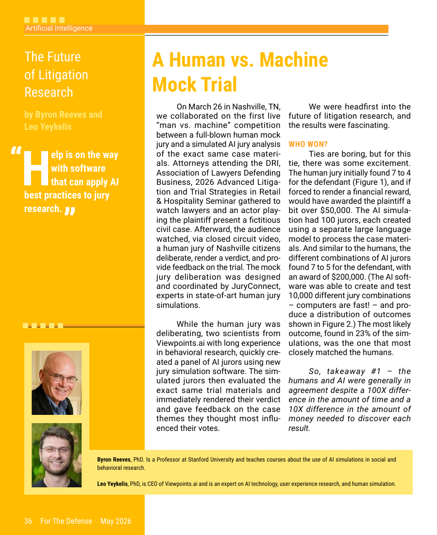 First page of the For The Defense article, A Human vs. Machine Mock Trial, by Byron Reeves and Leo Yeykelis