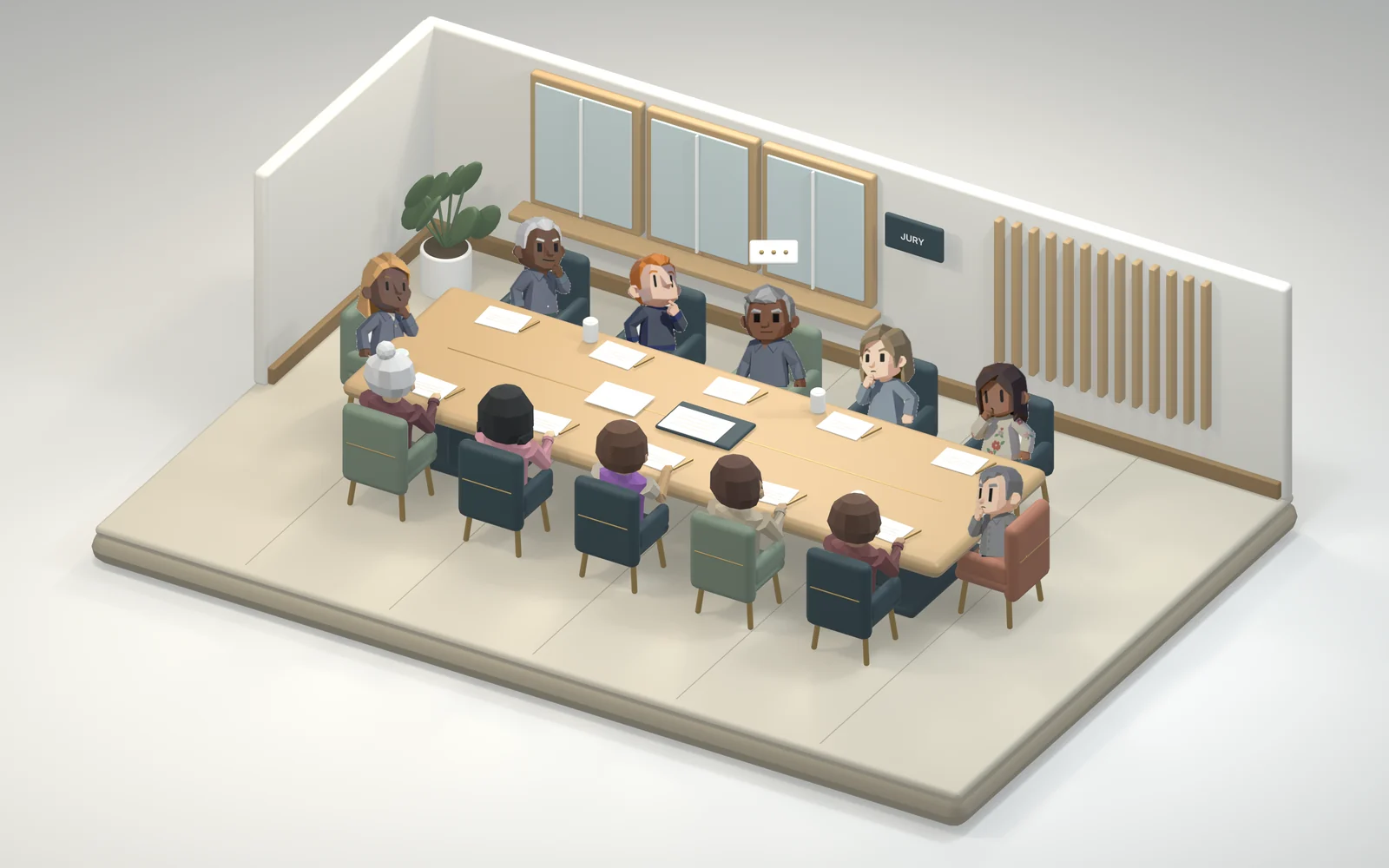 Twelve simulated jurors around a deliberation table, seen from above